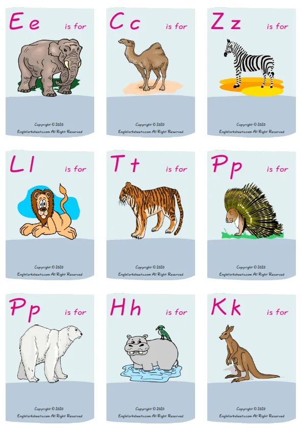Wordless Wild Animals vocabulary worksheet with nine images per page