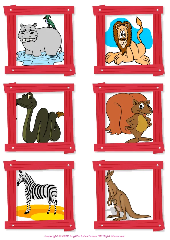 Wordless Wild Animals vocabulary worksheet with six images per page