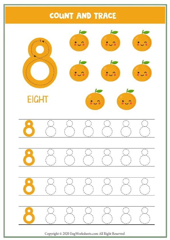 Worksheet Kids Eight En Cute Cartoon Orange Tracing Number 8