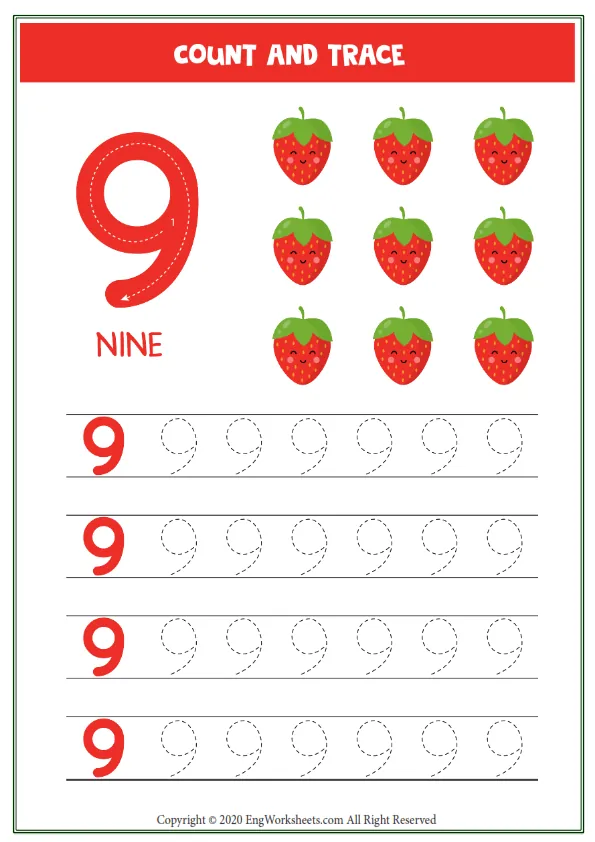 Worksheet Kids Nine Cute Cartoon Strawberry Tracing Number 9