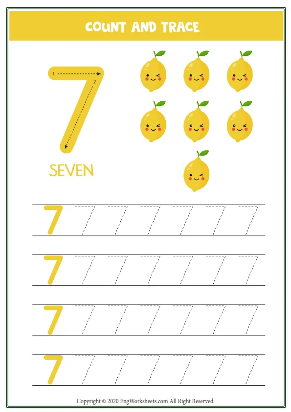 Worksheet Kids Seven Cute Cartoon Lemon Tracing Number 7