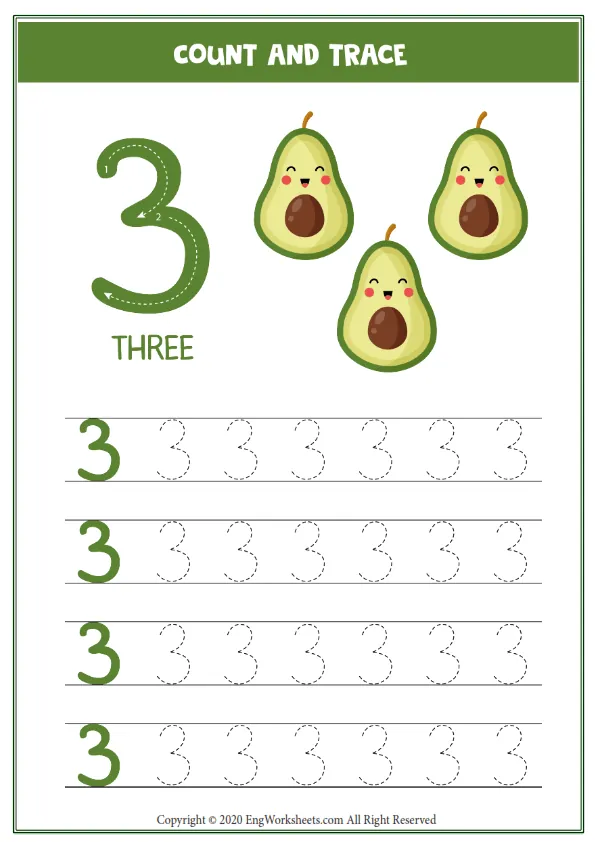 Worksheet Kids Three Cute Cartoon Avocado Tracing Number 3
