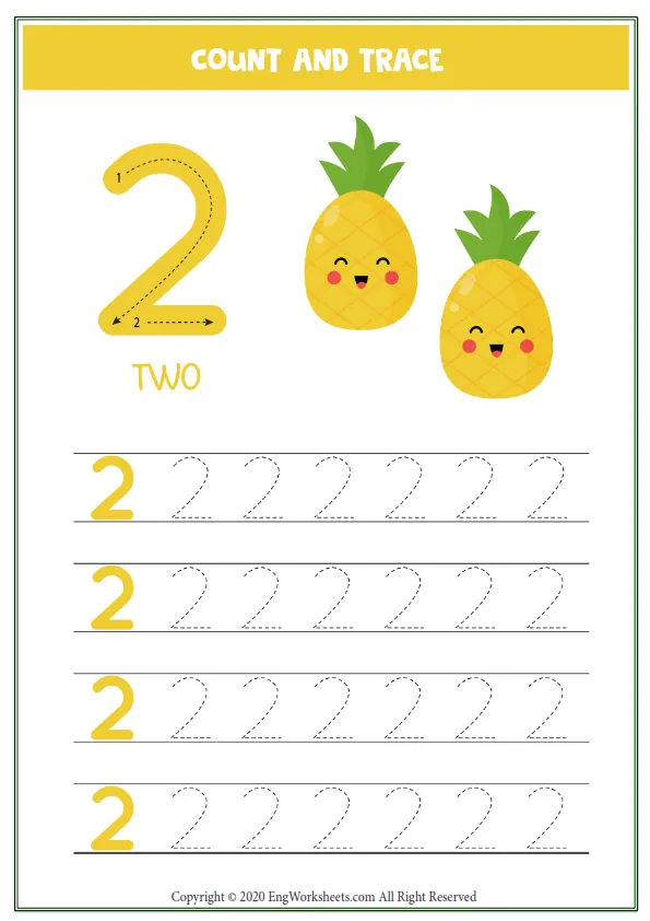 Worksheet Kids Two Cute Cartoon Pineapple Tracing Number 2