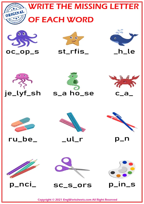Write the missing letter. Worksheet for education. Fill in the missing letter. Mini-game for children.