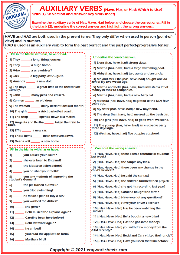 Auxiliary Verbs Has Have Had Esl Exercises Worksheet PDF Worksheets 