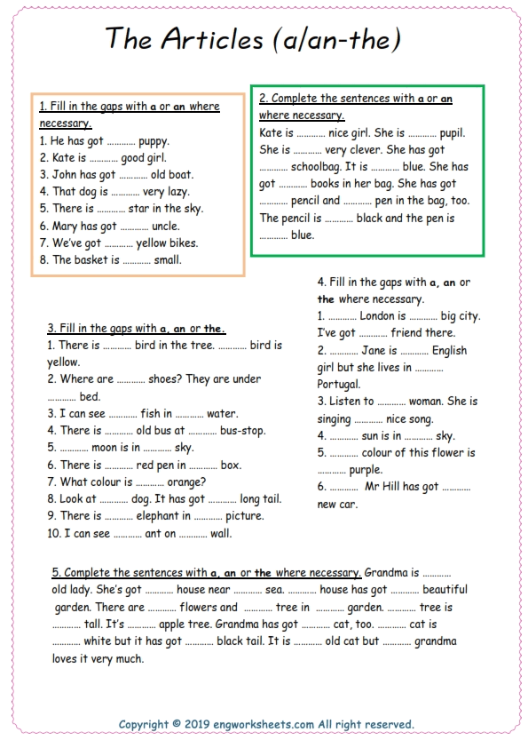 Articles Exercises Free Printable Articles Esl Worksheets