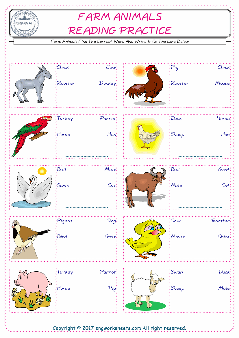 Farm Animals English Worksheet for Kids ESL Printable Picture Dictionary -  Image Worksheets - EngWorksheets