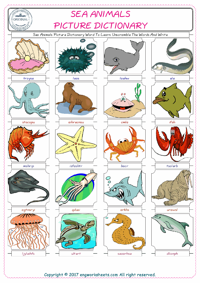 Sea Animals English Worksheet for Kids ESL Printable Picture Dictionary -  Image Worksheets - EngWorksheets