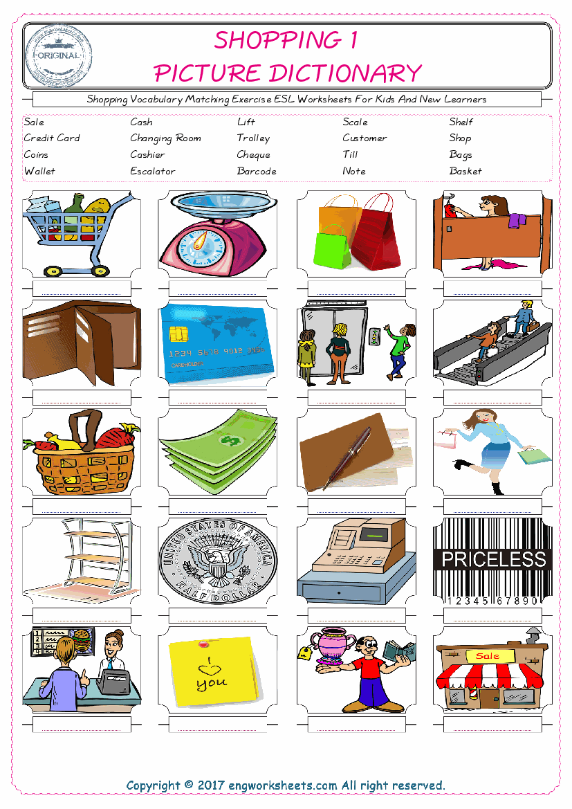 Shopping ESL Printable Picture English Dictionary Worksheets For ...