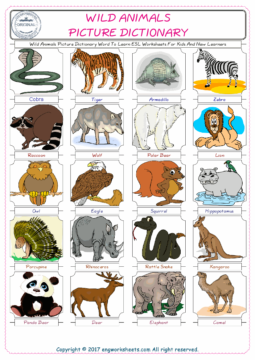 Wild Animals English Worksheet for Kids ESL Printable Picture Dictionary -  PDF Worksheets - EngWorksheets