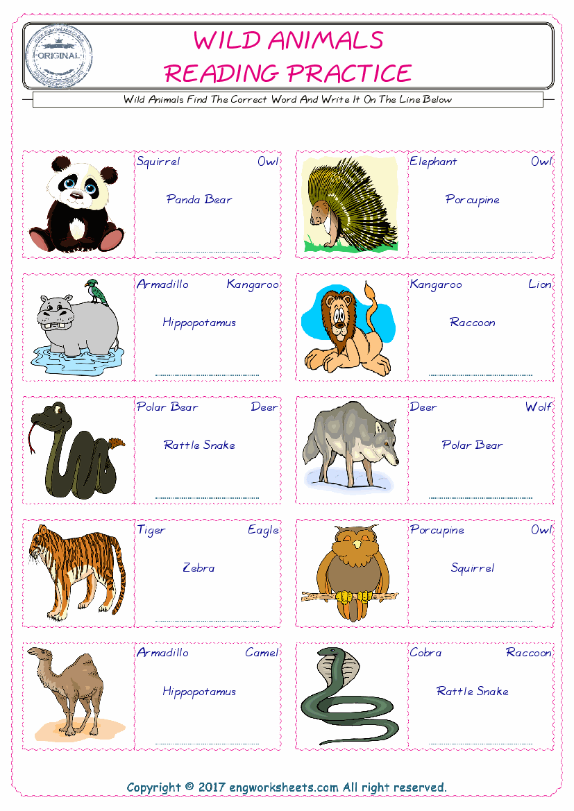 Wild Animals English Worksheet for Kids ESL Printable Picture Dictionary -  Image Worksheets - EngWorksheets
