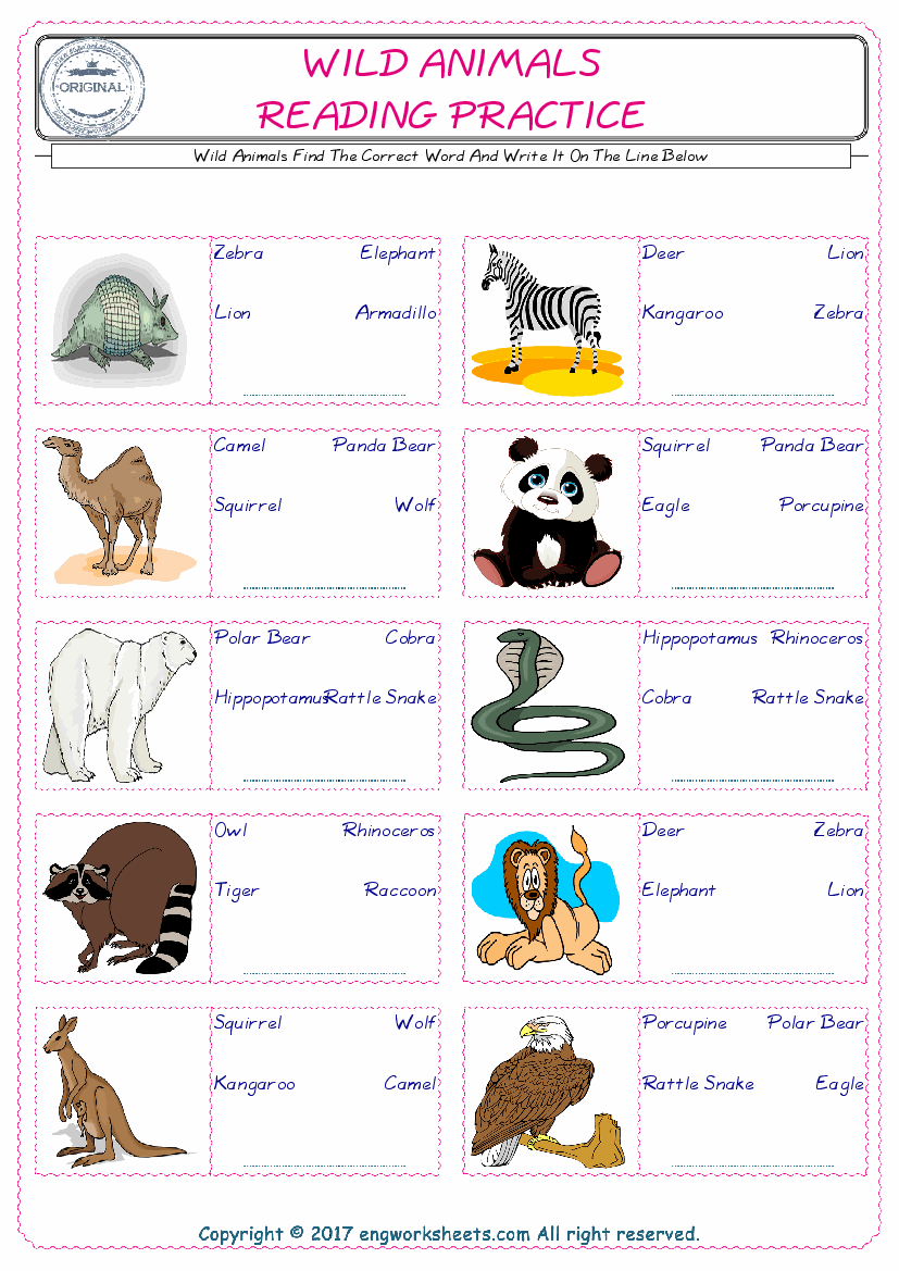Wild Animals English Worksheet for Kids ESL Printable Picture Dictionary - PDF  Worksheets - EngWorksheets