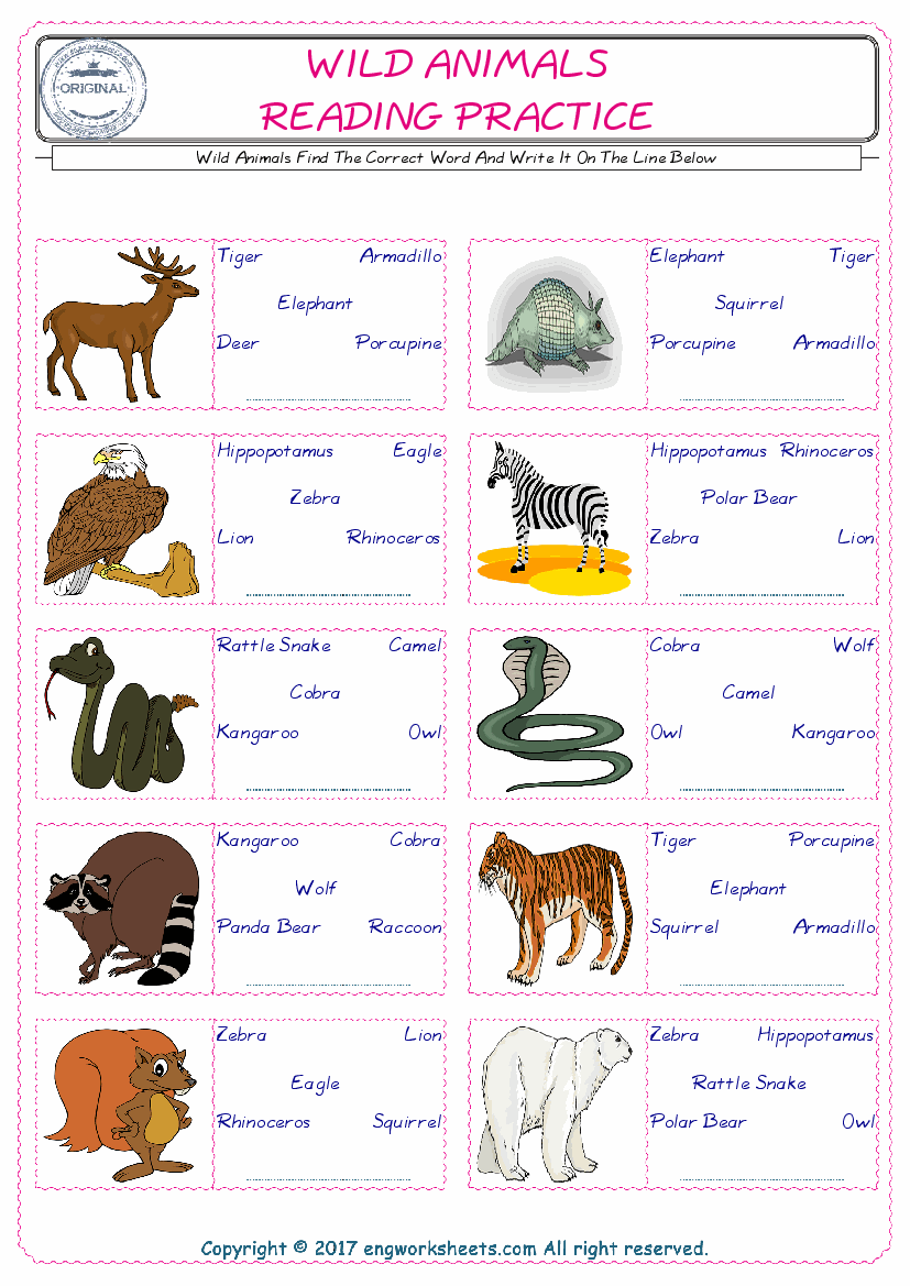 Wild Animals English Worksheet for Kids ESL Printable Picture Dictionary -  PDF Worksheets - EngWorksheets