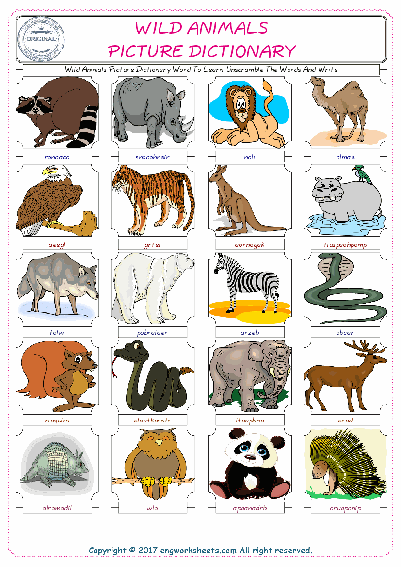 Wild Animals English Worksheet for Kids ESL Printable Picture Dictionary -  Image Worksheets - EngWorksheets