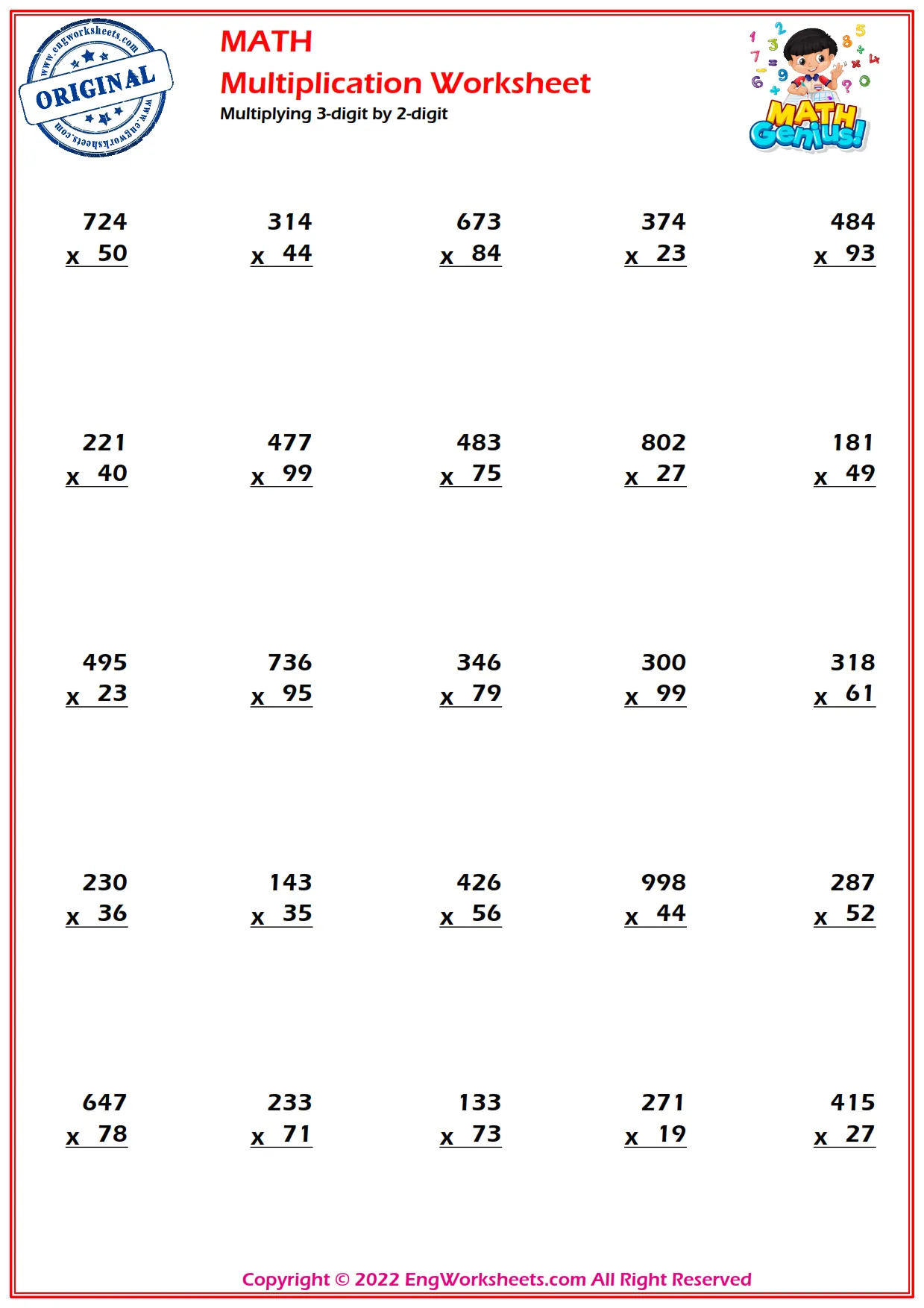 3 Digit By 2 Digit Multiplication Worksheets With Answers Grade 5