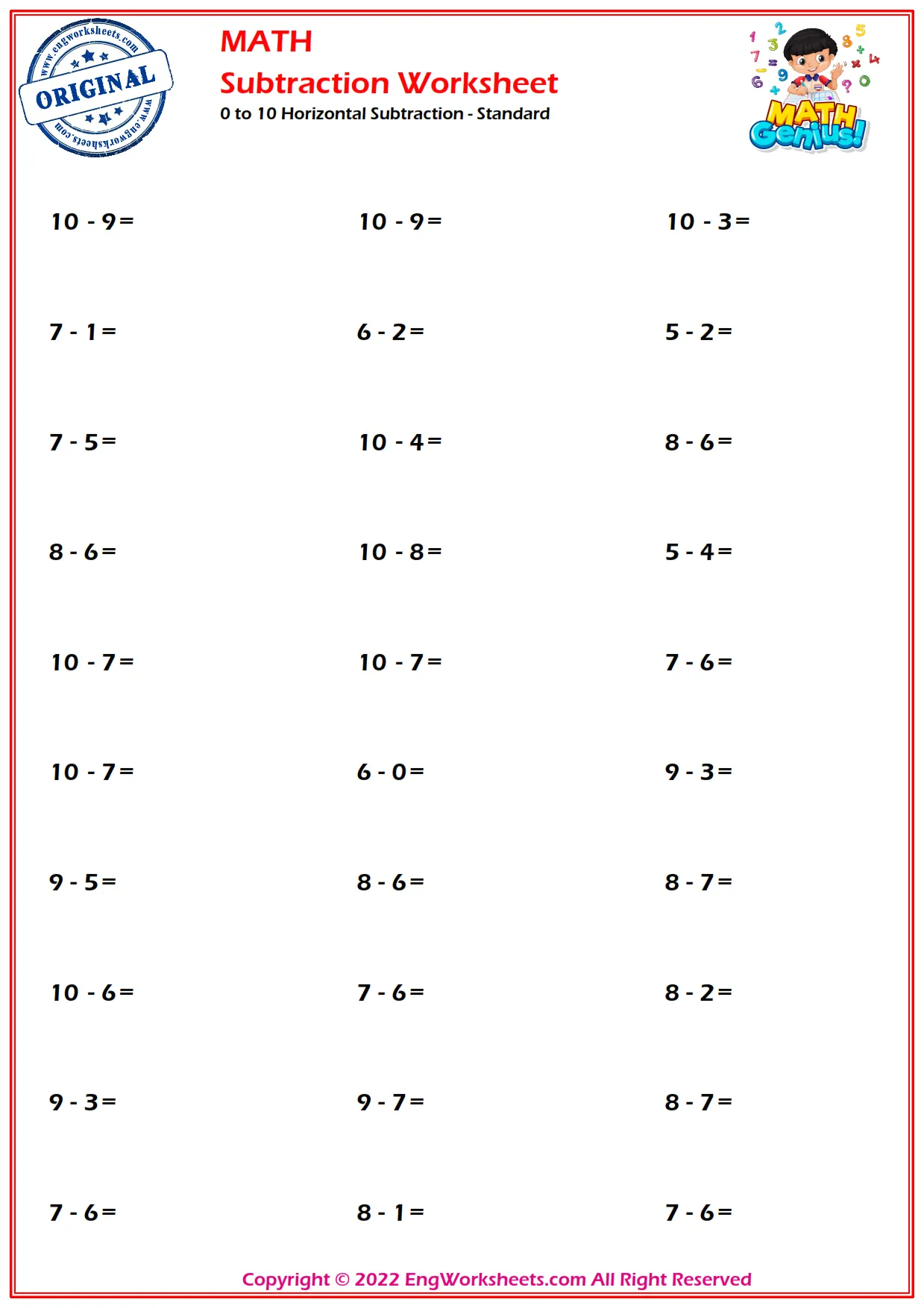 0 to 10 Horizontal Subtraction - Standard