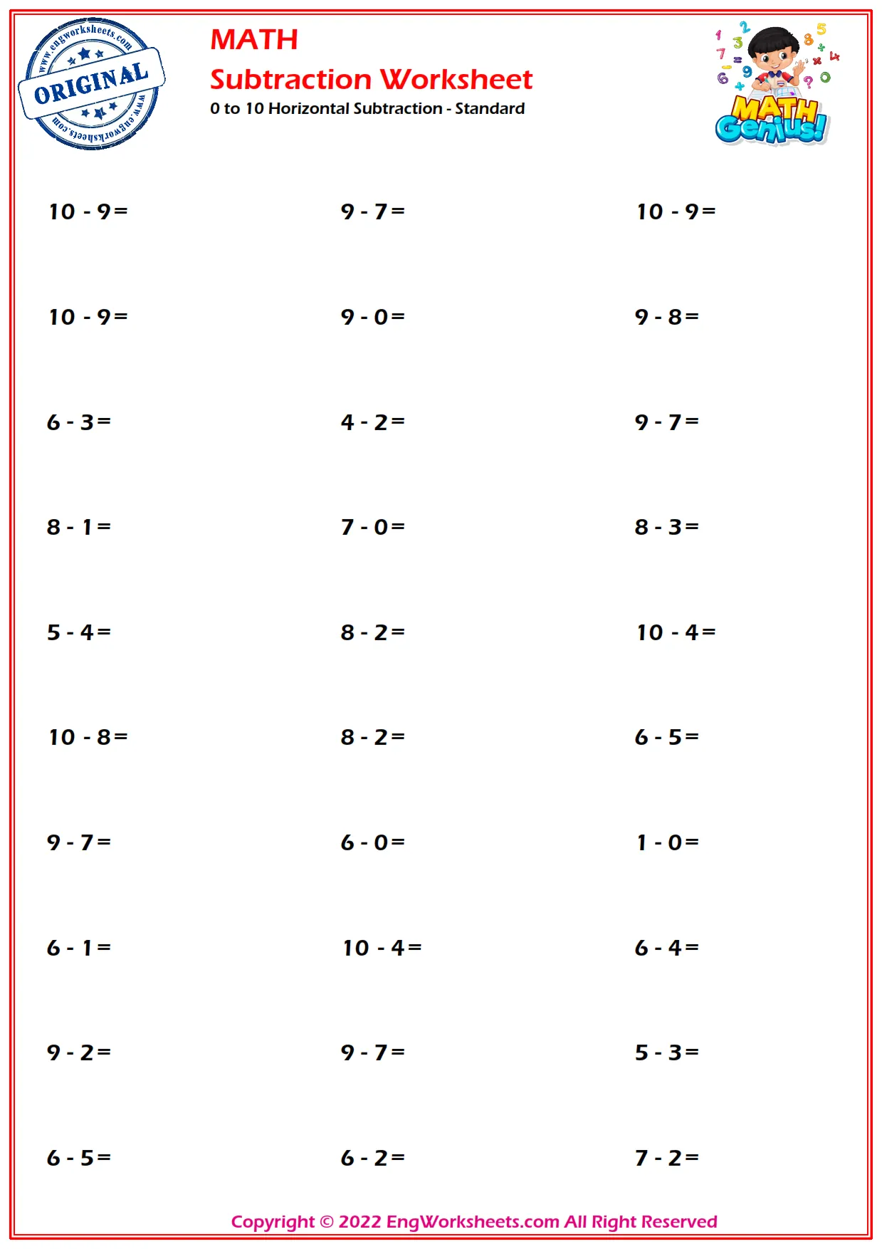 0 to 10 Horizontal Subtraction - Standard