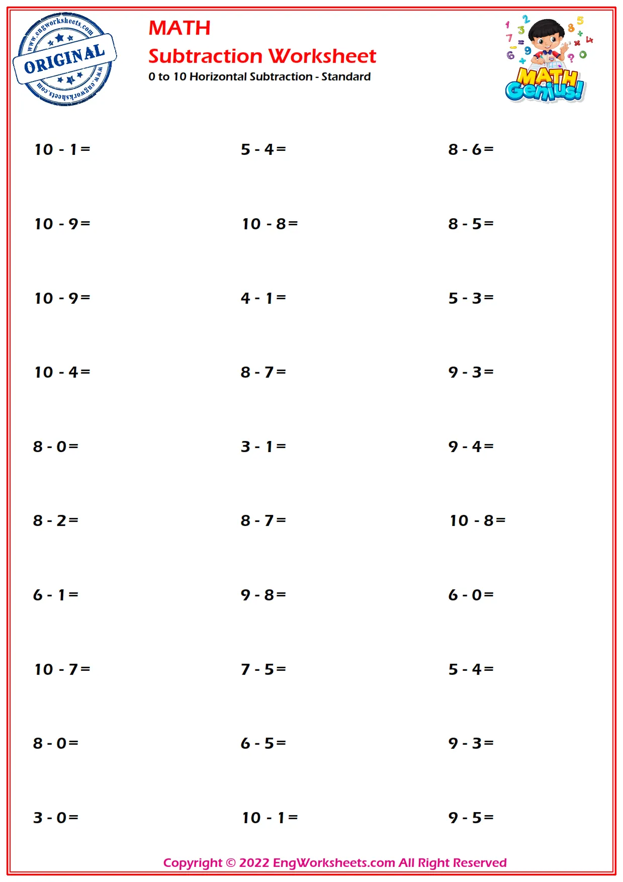 0 to 10 Horizontal Subtraction - Standard