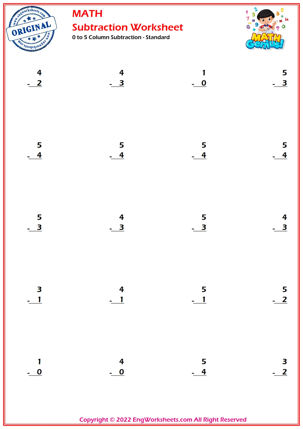 0 to 5 Horizontal Subtraction - Standard