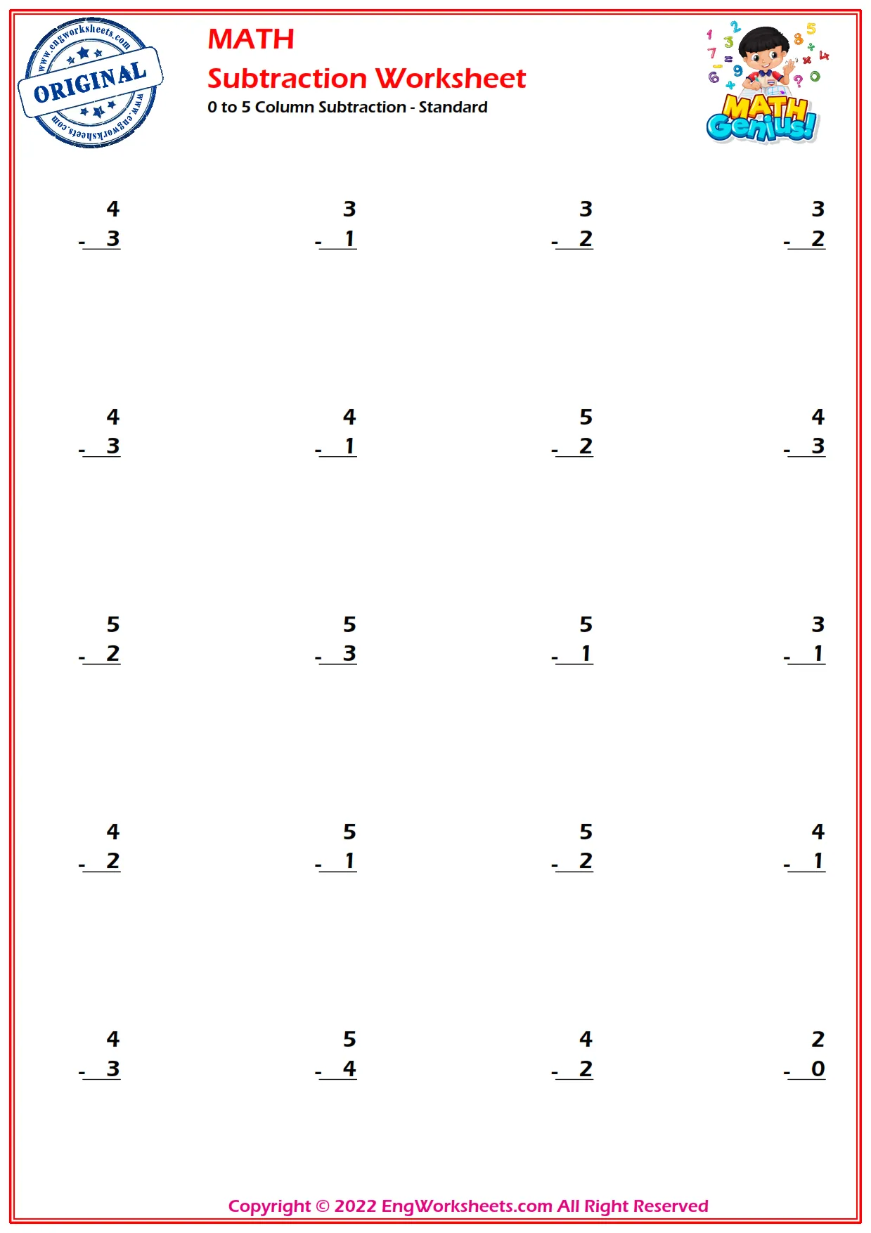 0 to 5 Column Subtraction - Standard