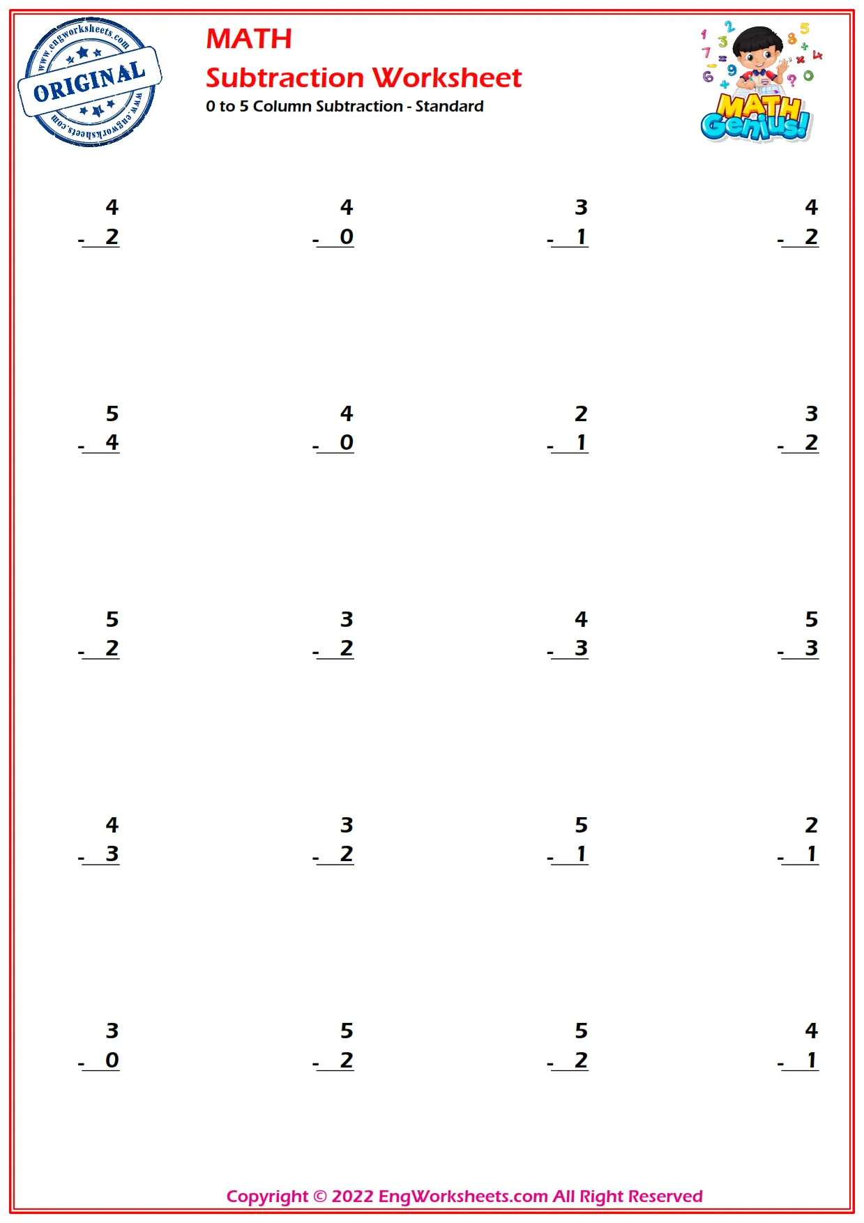 0 to 5 Column Subtraction - Standard