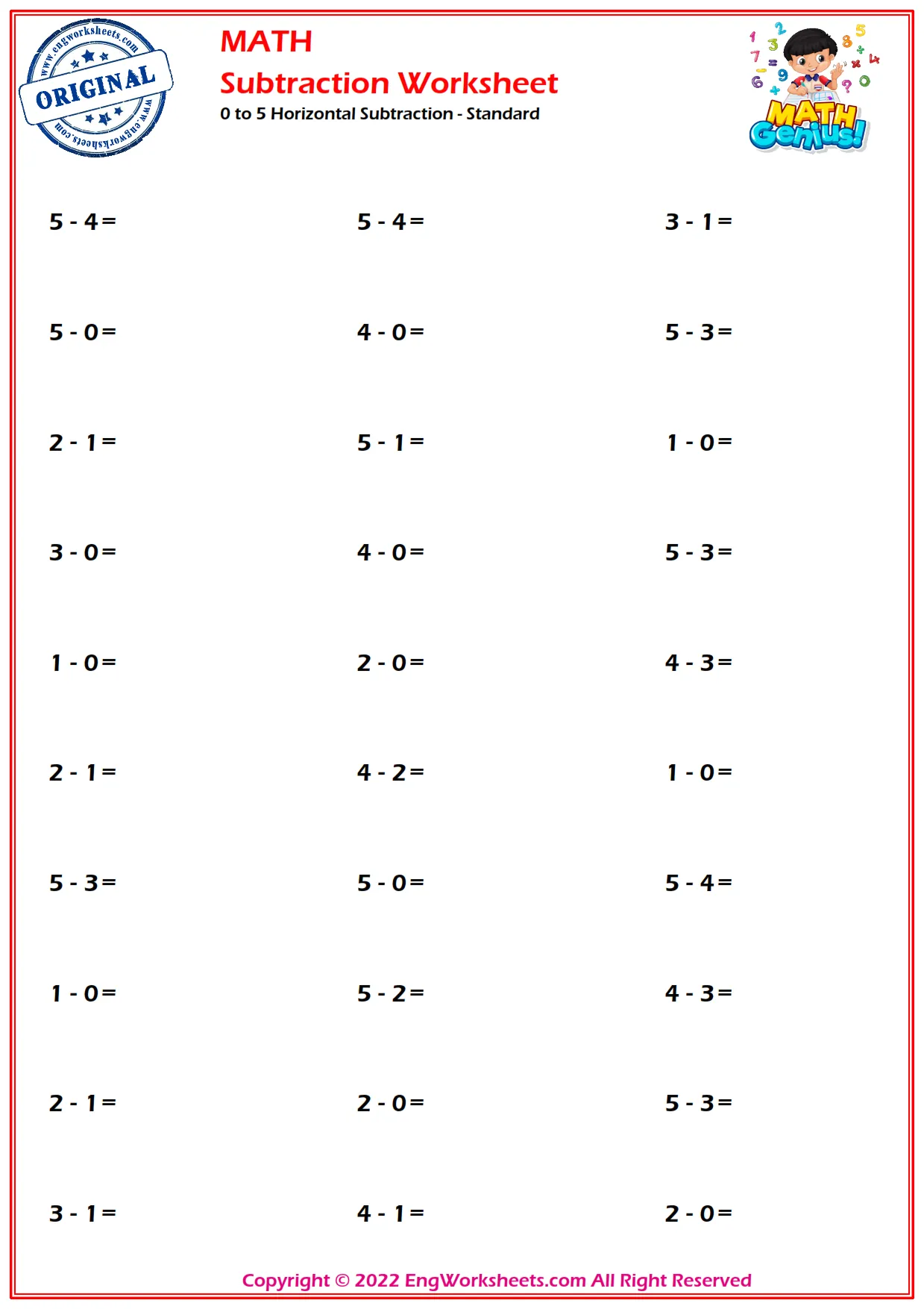 0 to 5 Horizontal Subtraction - Standard Worksheets and Exercise ...