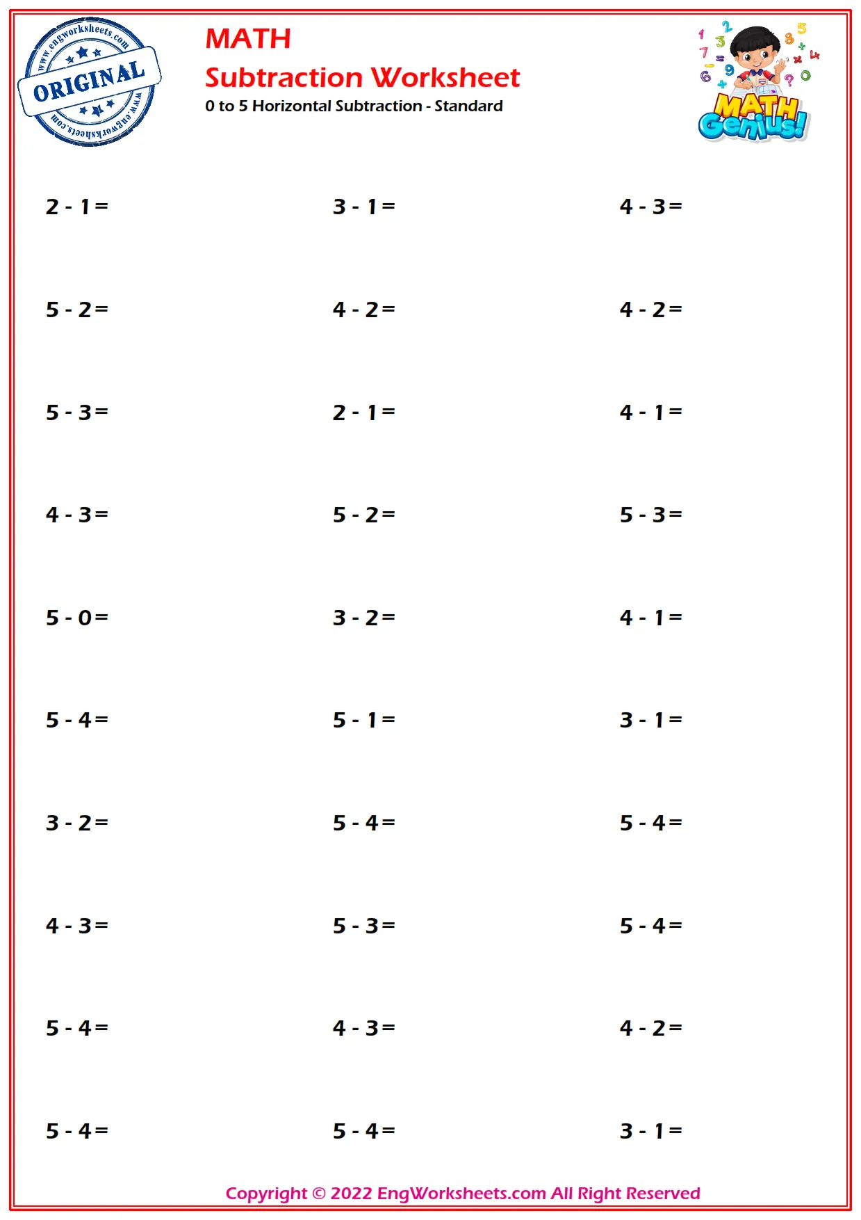 0 to 5 Horizontal Subtraction - Standard