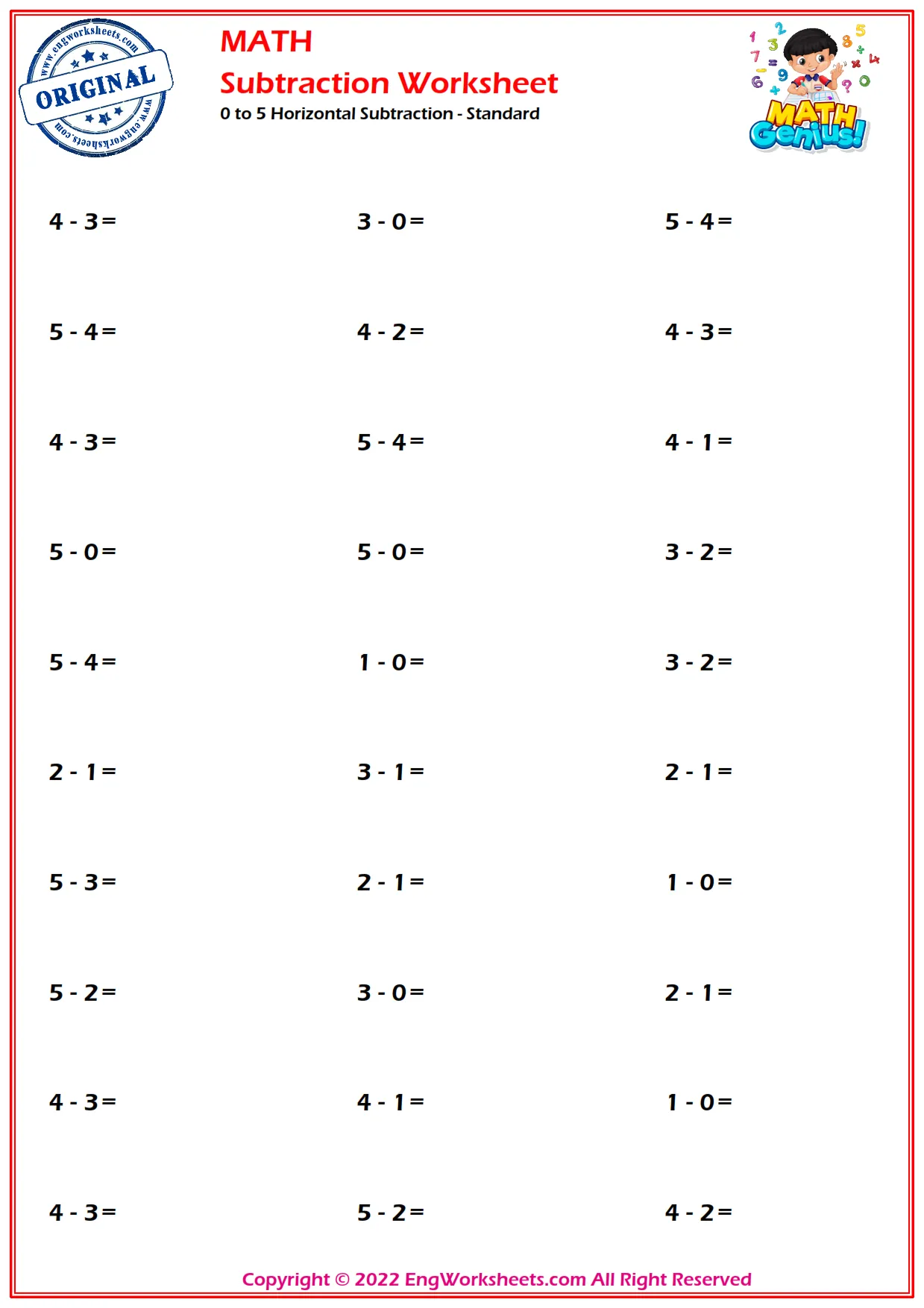0 to 5 Horizontal Subtraction - Standard