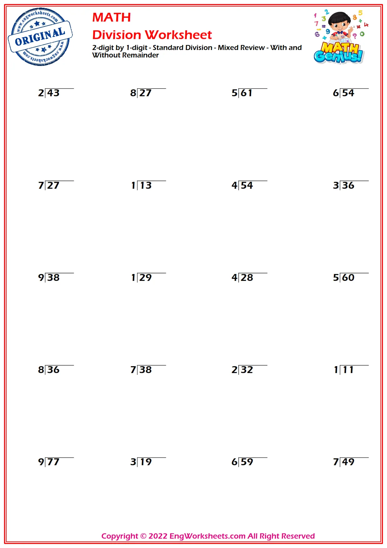 2-digit by 1-digit - Standard Division - Mixed Review - With and Without Remainder