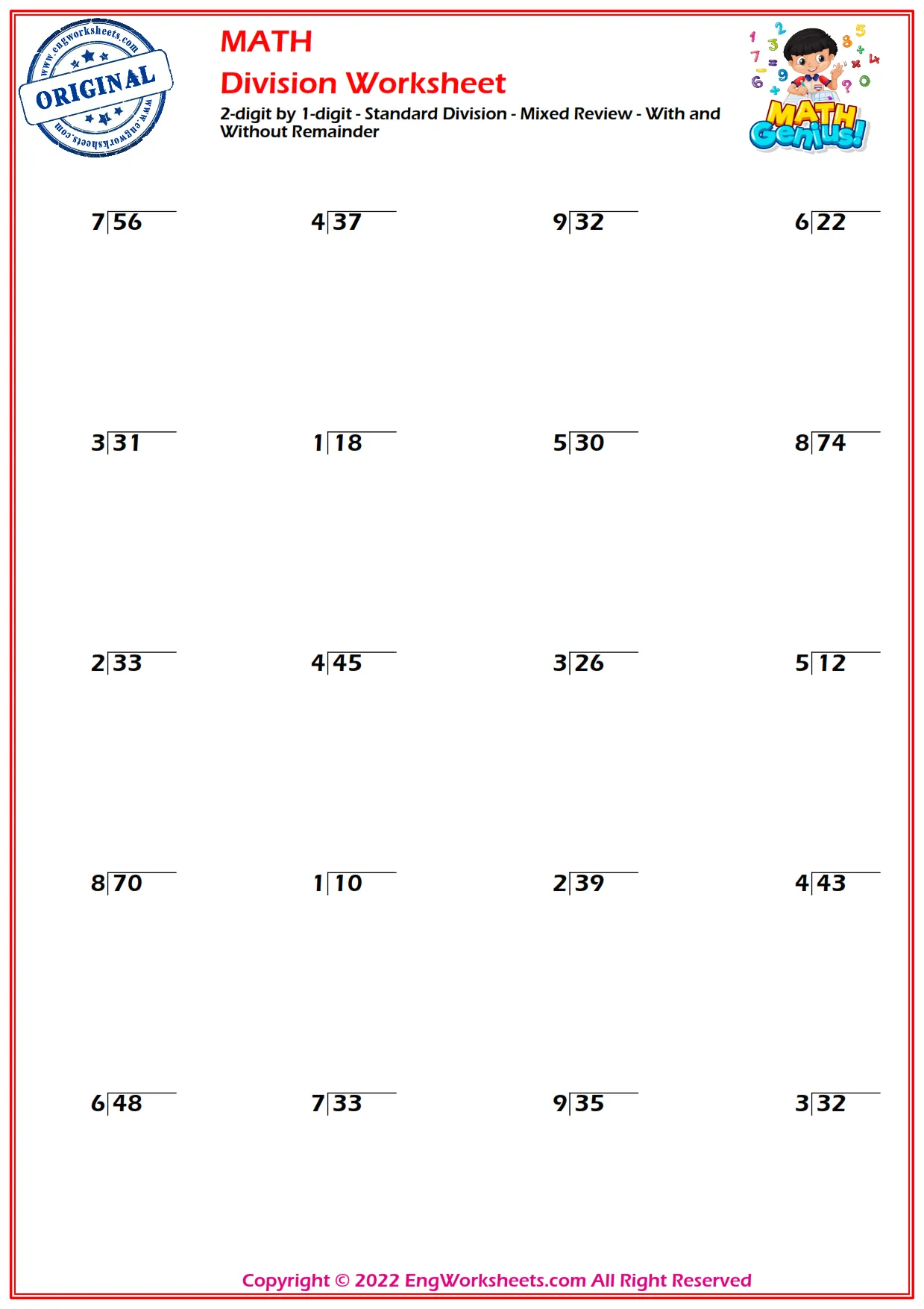 2-digit by 1-digit - Standard Division - Mixed Review - With and Without Remainder