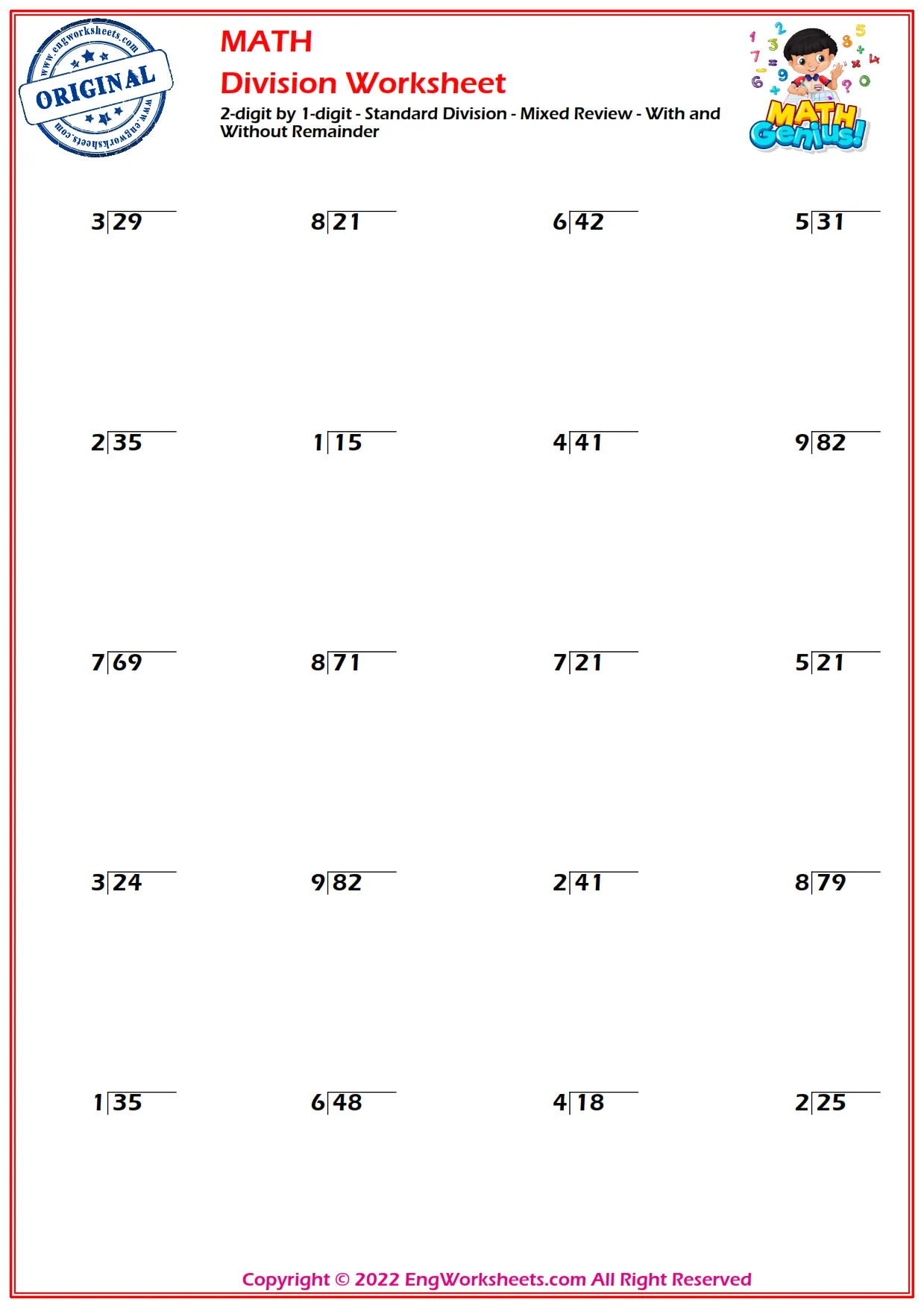 2-digit by 1-digit - Standard Division - Mixed Review - With and Without Remainder