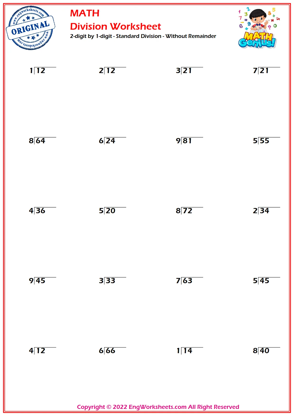 2-digit by 1-digit - Standard Division - Without Remainder