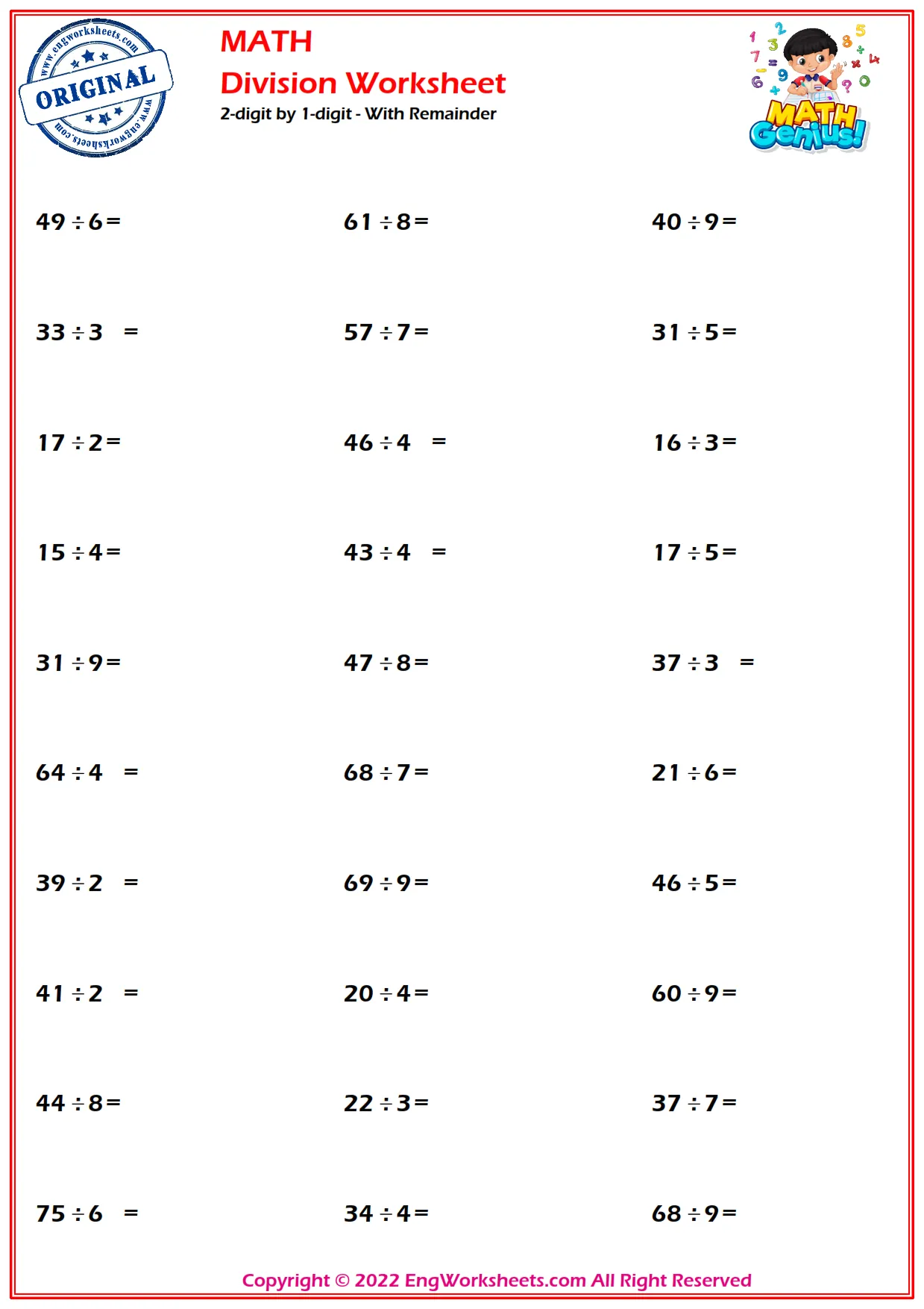 2-digit by 1-digit - With Remainder