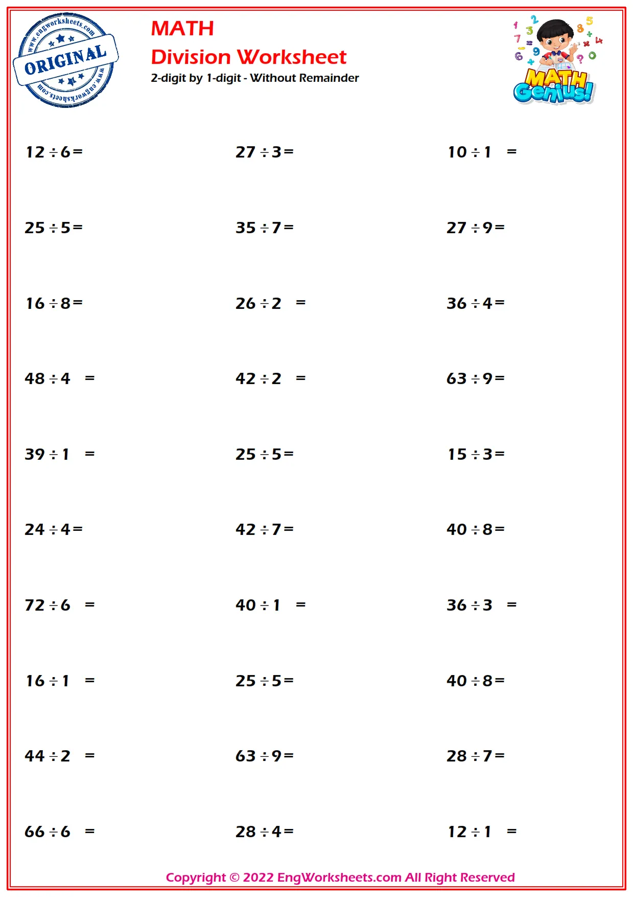 2-digit by 1-digit - Without Remainder