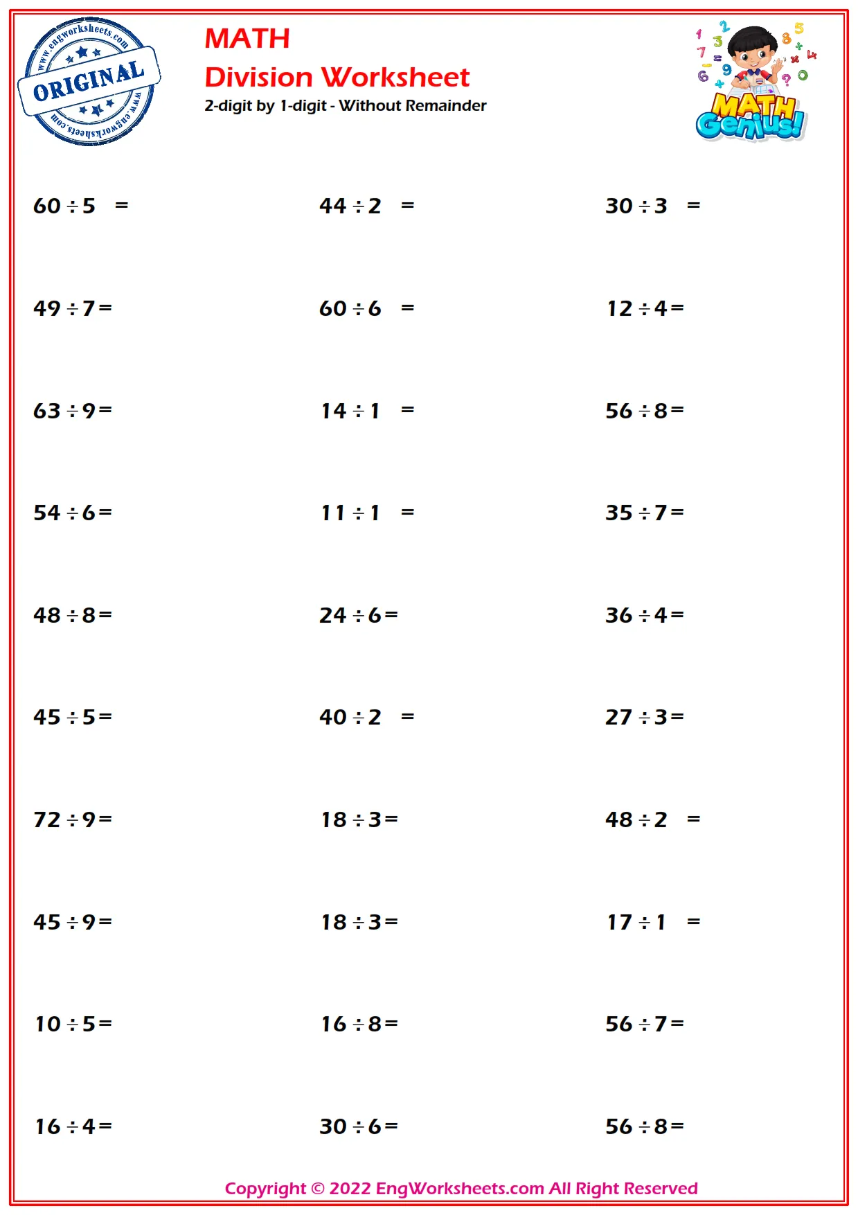2-digit by 1-digit - Without Remainder