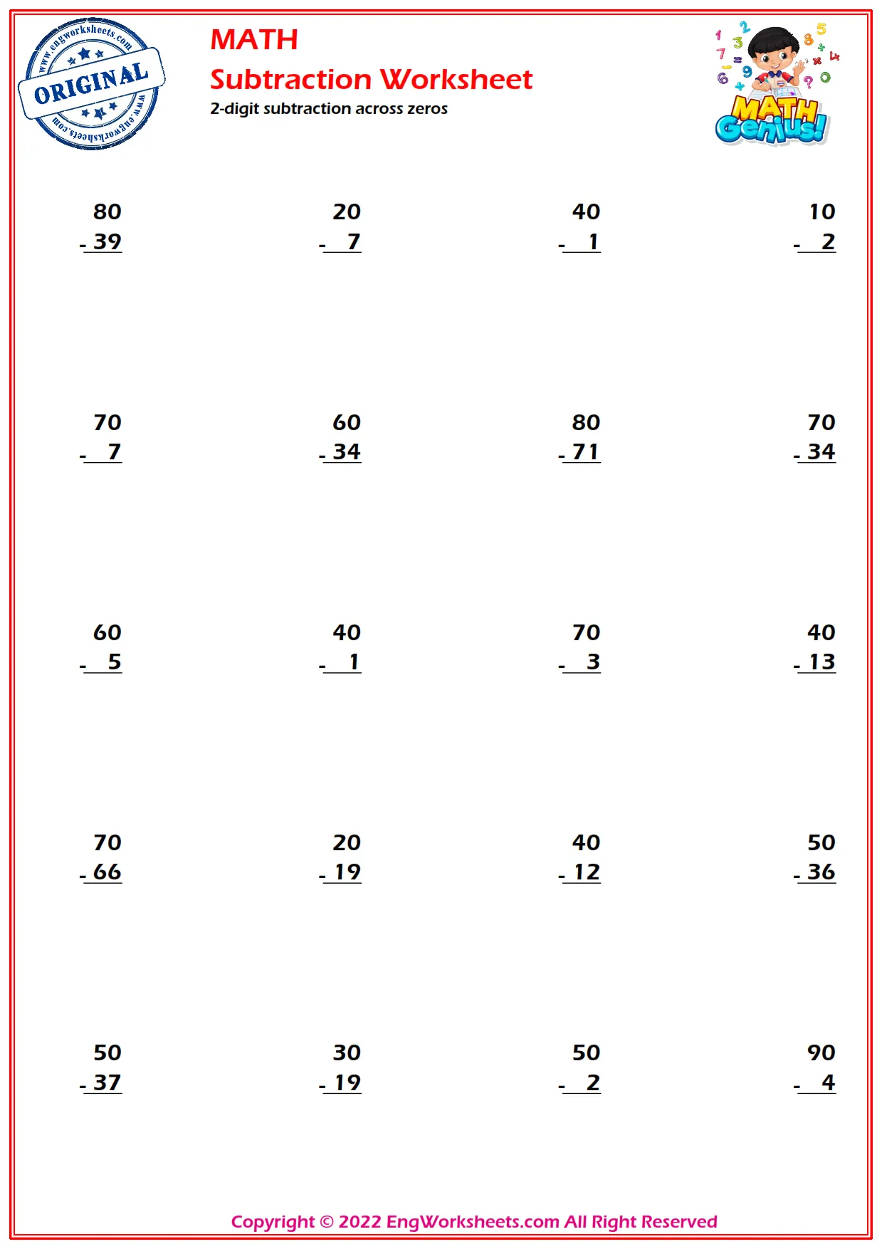 2-digits subtraction across zeros