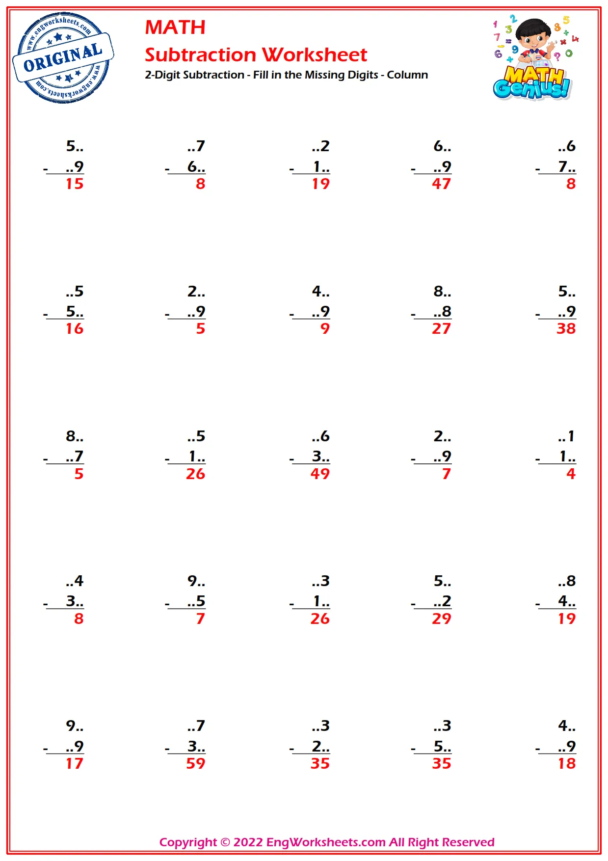 2-Digit Subtraction - Fill in the Missing Digits - Column