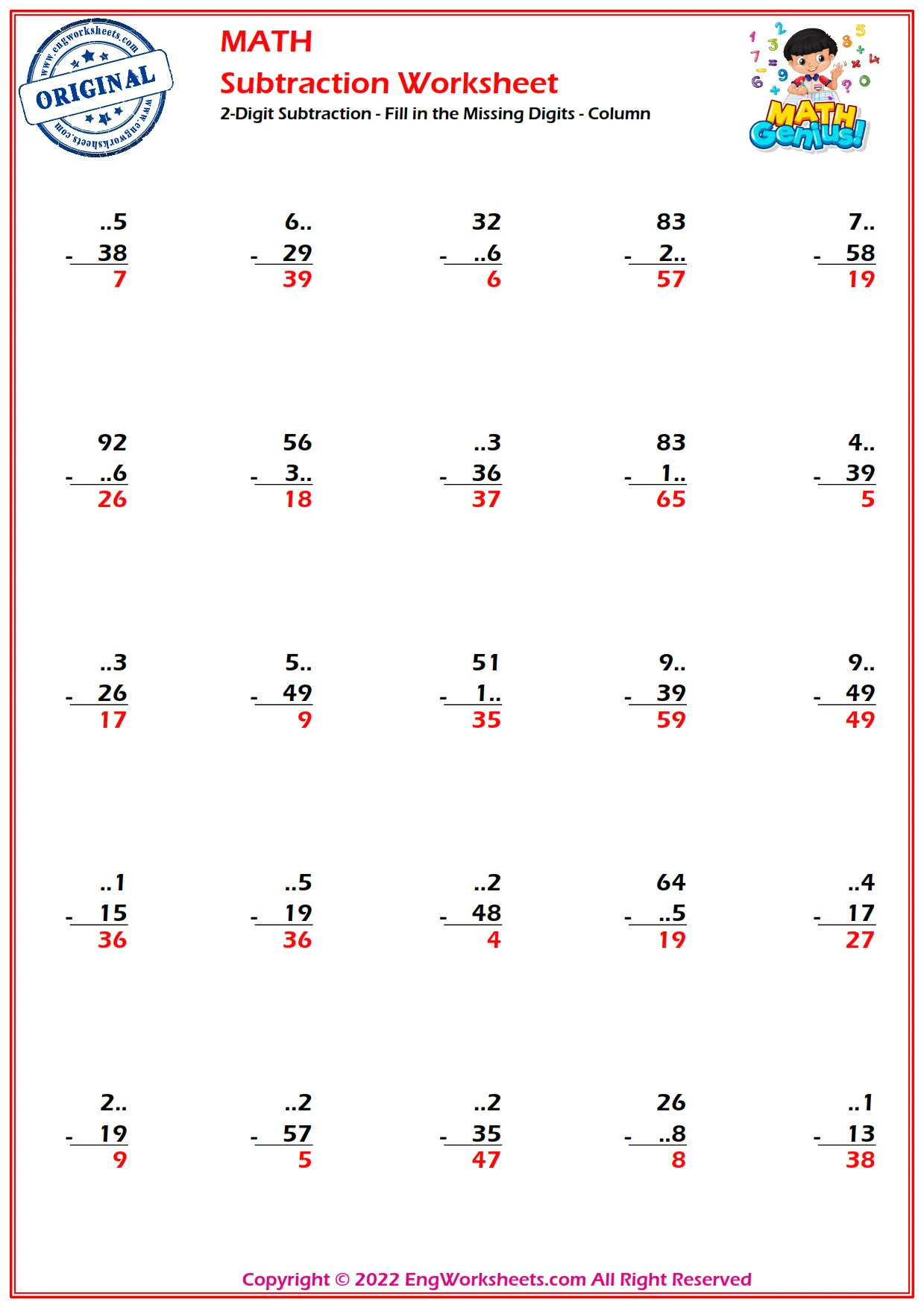 2-Digit Subtraction - Fill in the Missing Digits - Column