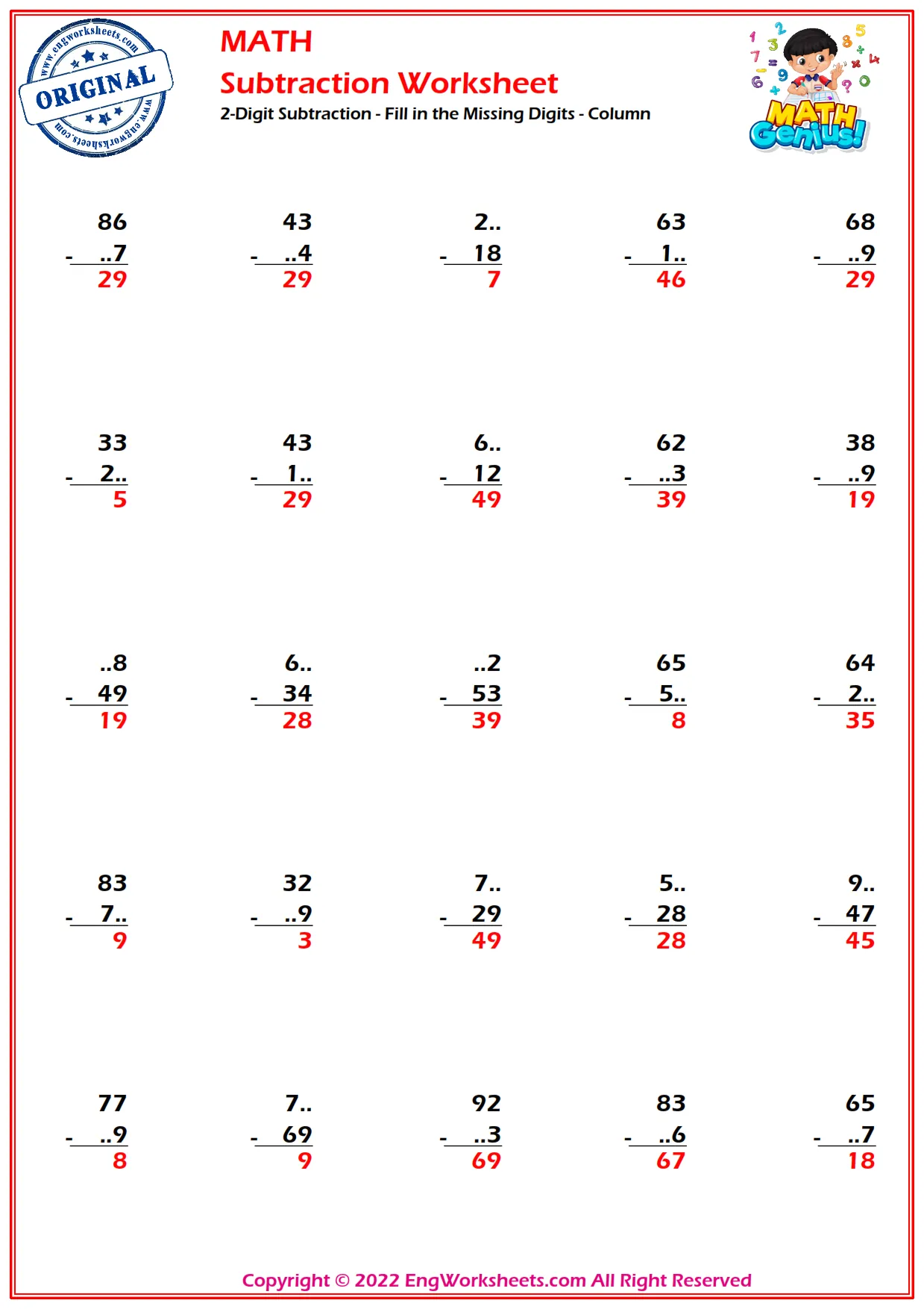 2-Digit Subtraction - Fill in the Missing Digits - Column