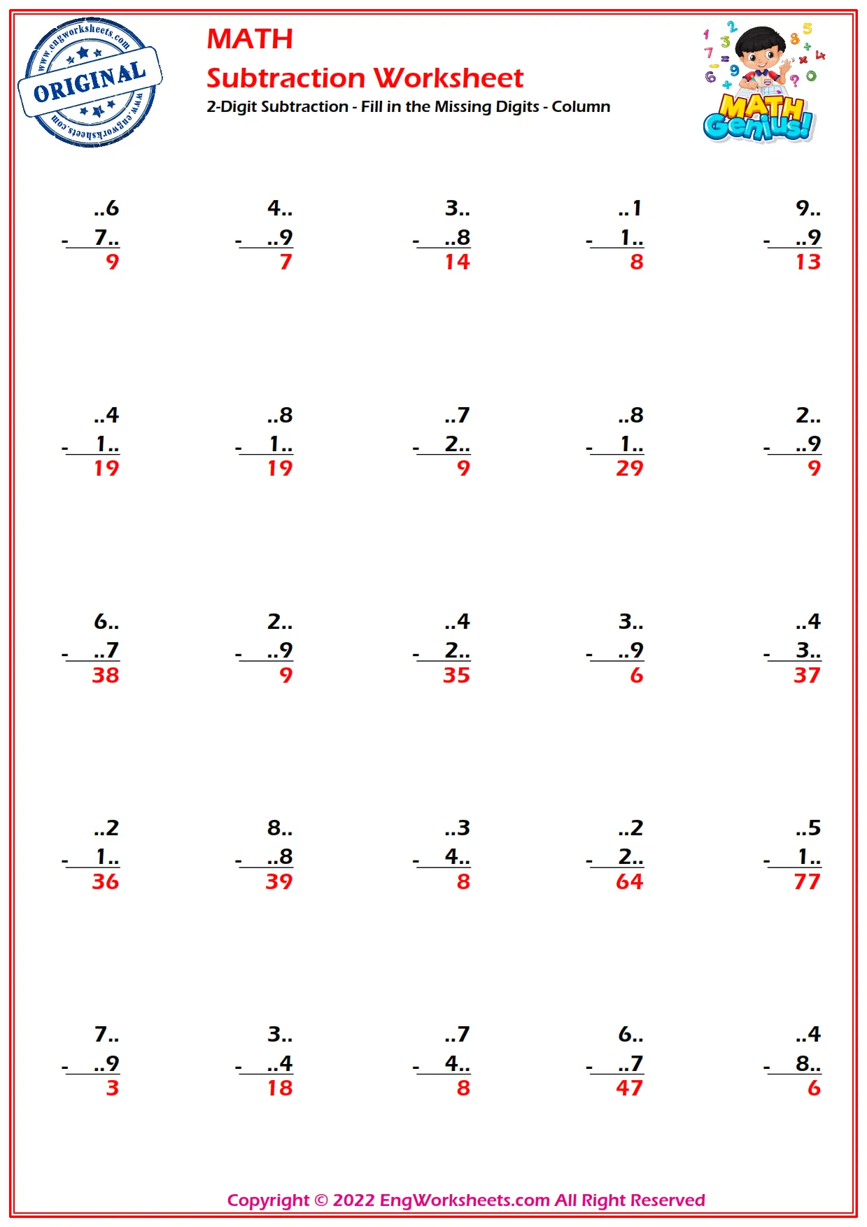 2-Digit Subtraction - Fill in the Missing Digits - Column