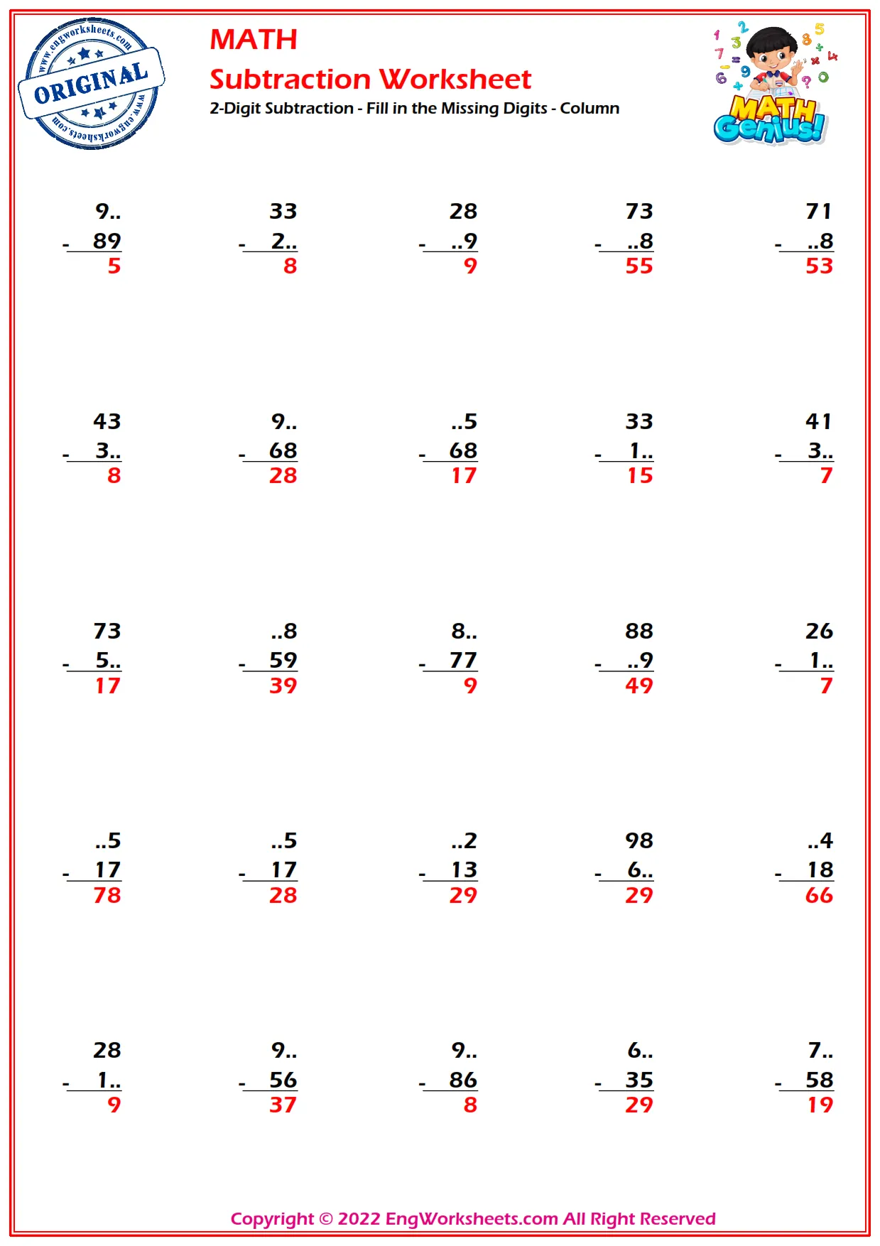 2-Digit Subtraction - Fill in the Missing Digits - Column