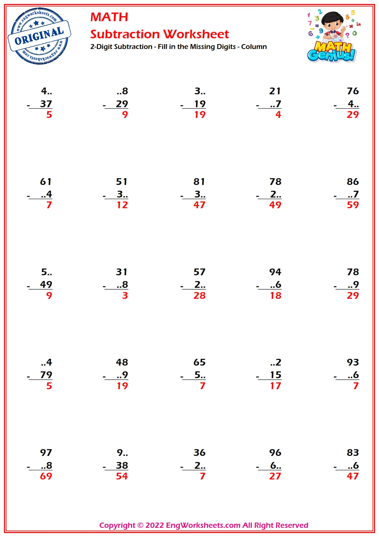 2-Digit Subtraction - Fill in the Missing Digits - Column
