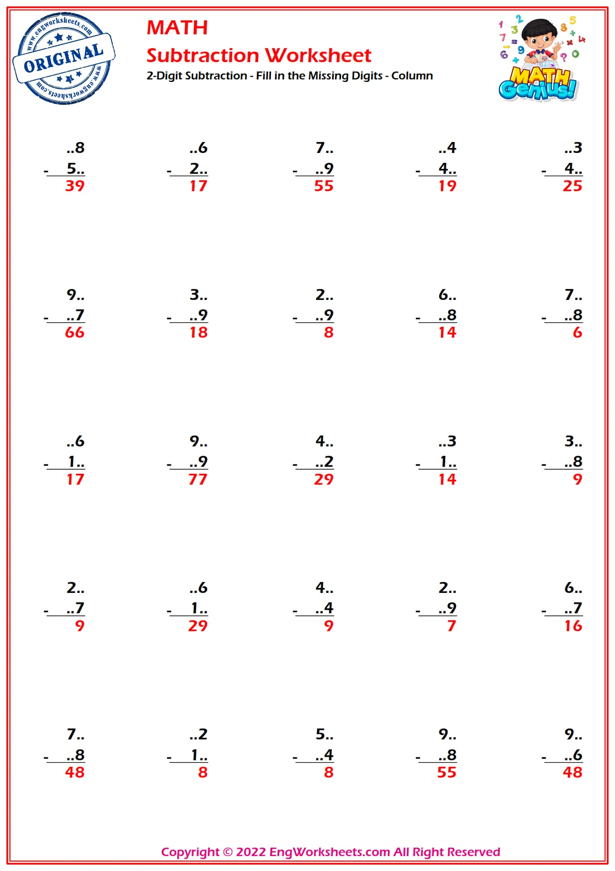 2-Digit Subtraction - Fill in the Missing Digits - Column