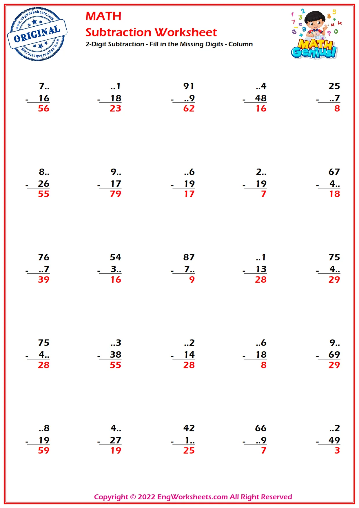 2-Digit Subtraction - Fill in the Missing Digits - Column