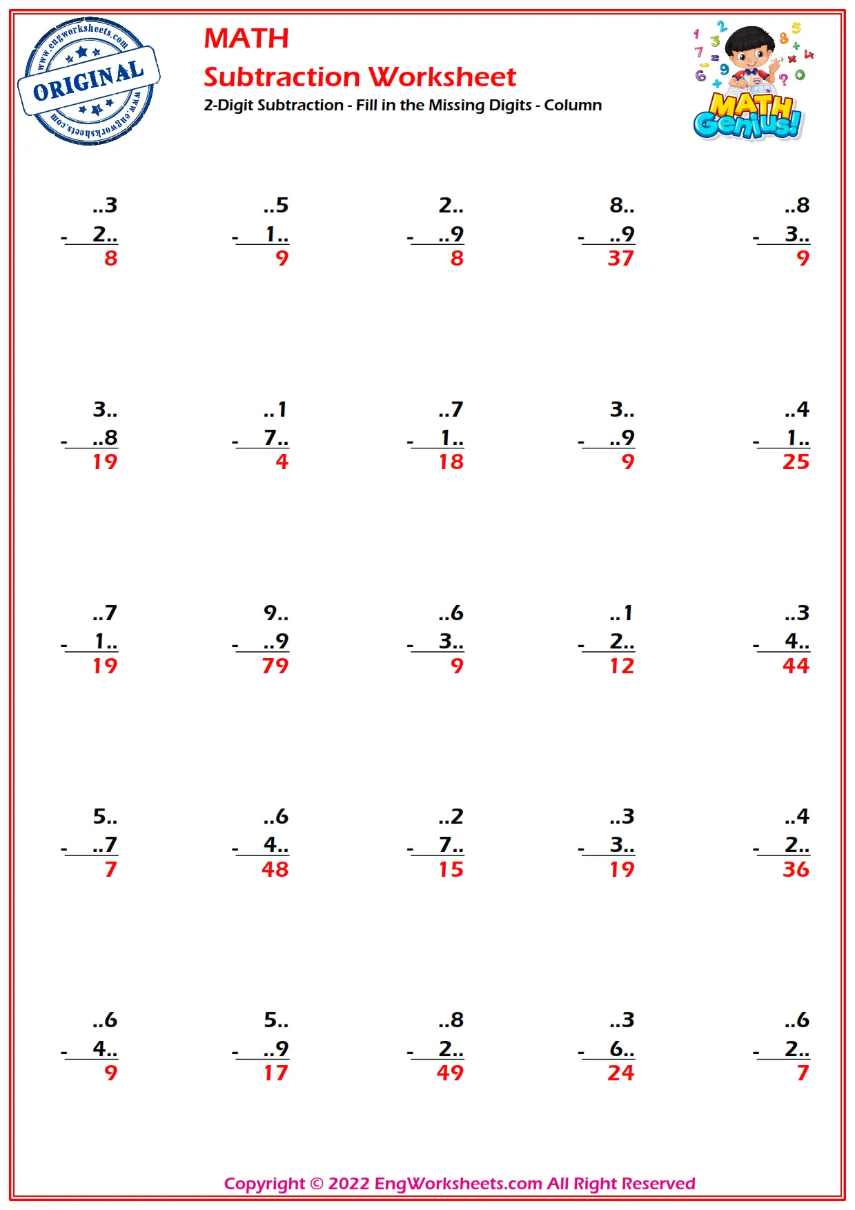 2-Digit Subtraction - Fill in the Missing Digits - Column