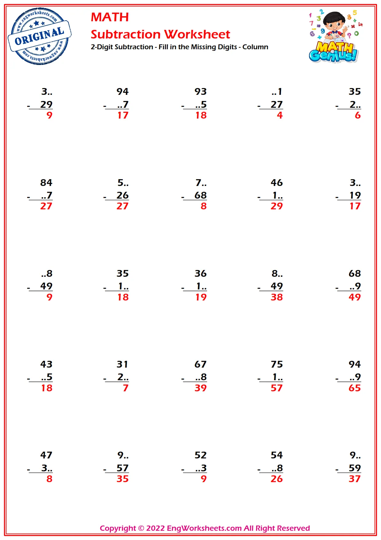 2-Digit Subtraction - Fill in the Missing Digits - Column