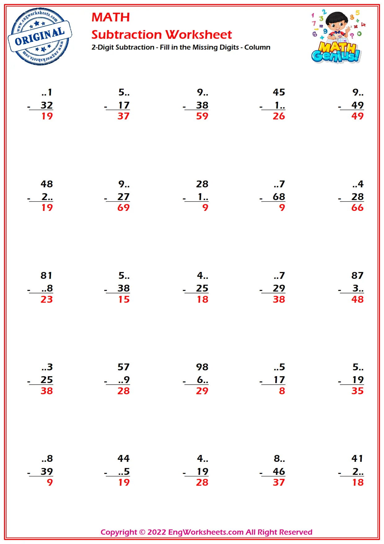 2-Digit Subtraction - Fill in the Missing Digits - Column