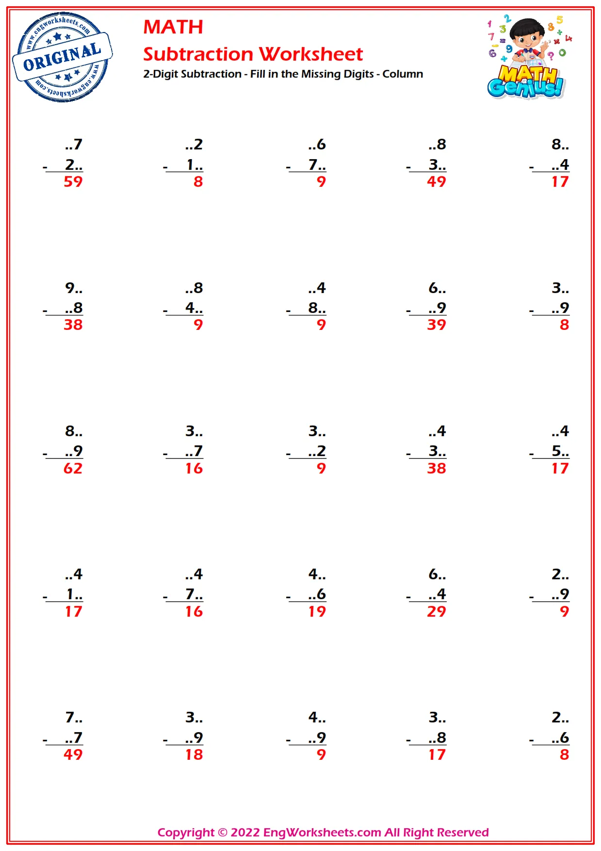 2-Digit Subtraction - Fill in the Missing Digits - Column