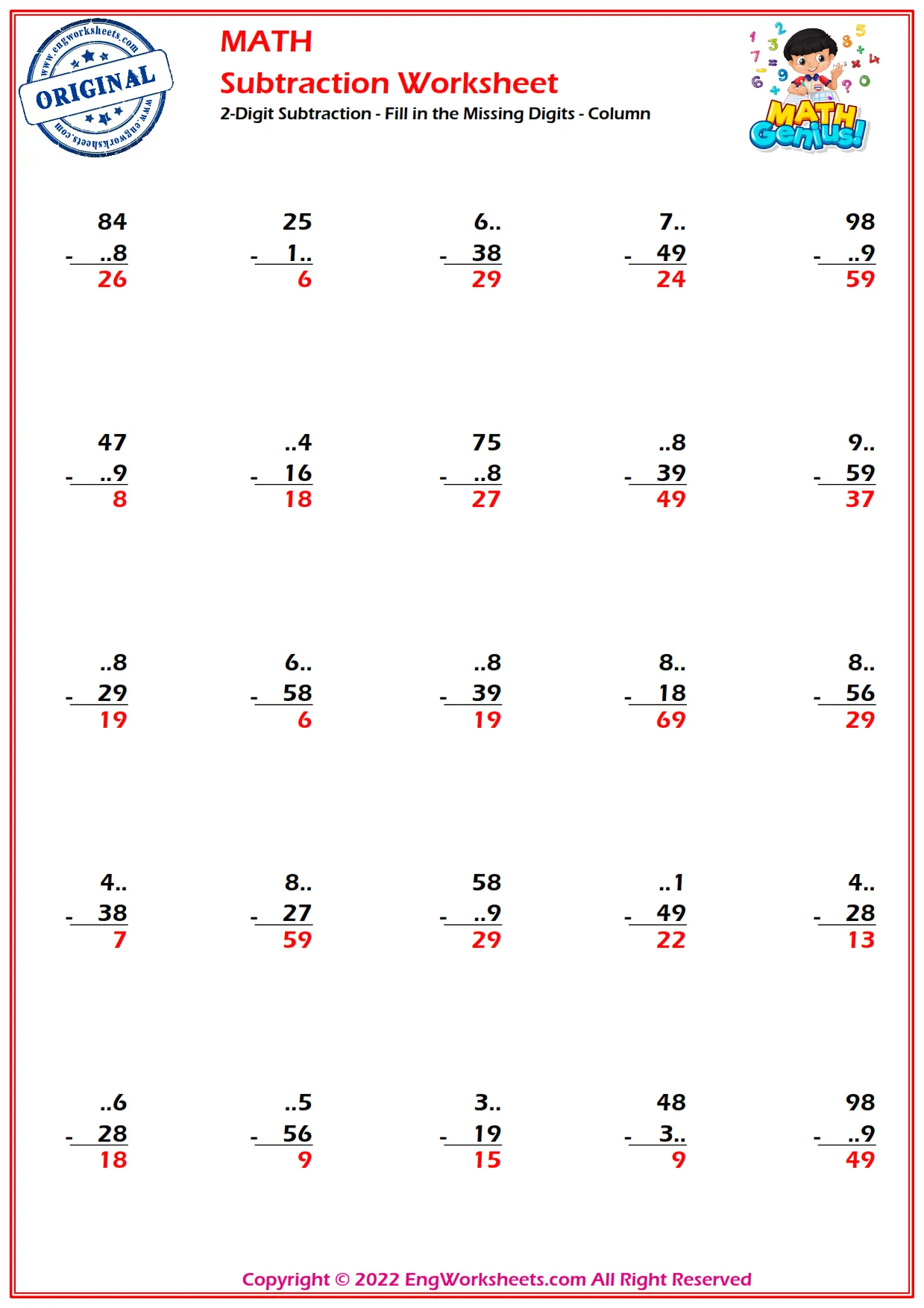 2-Digit Subtraction - Fill in the Missing Digits - Column