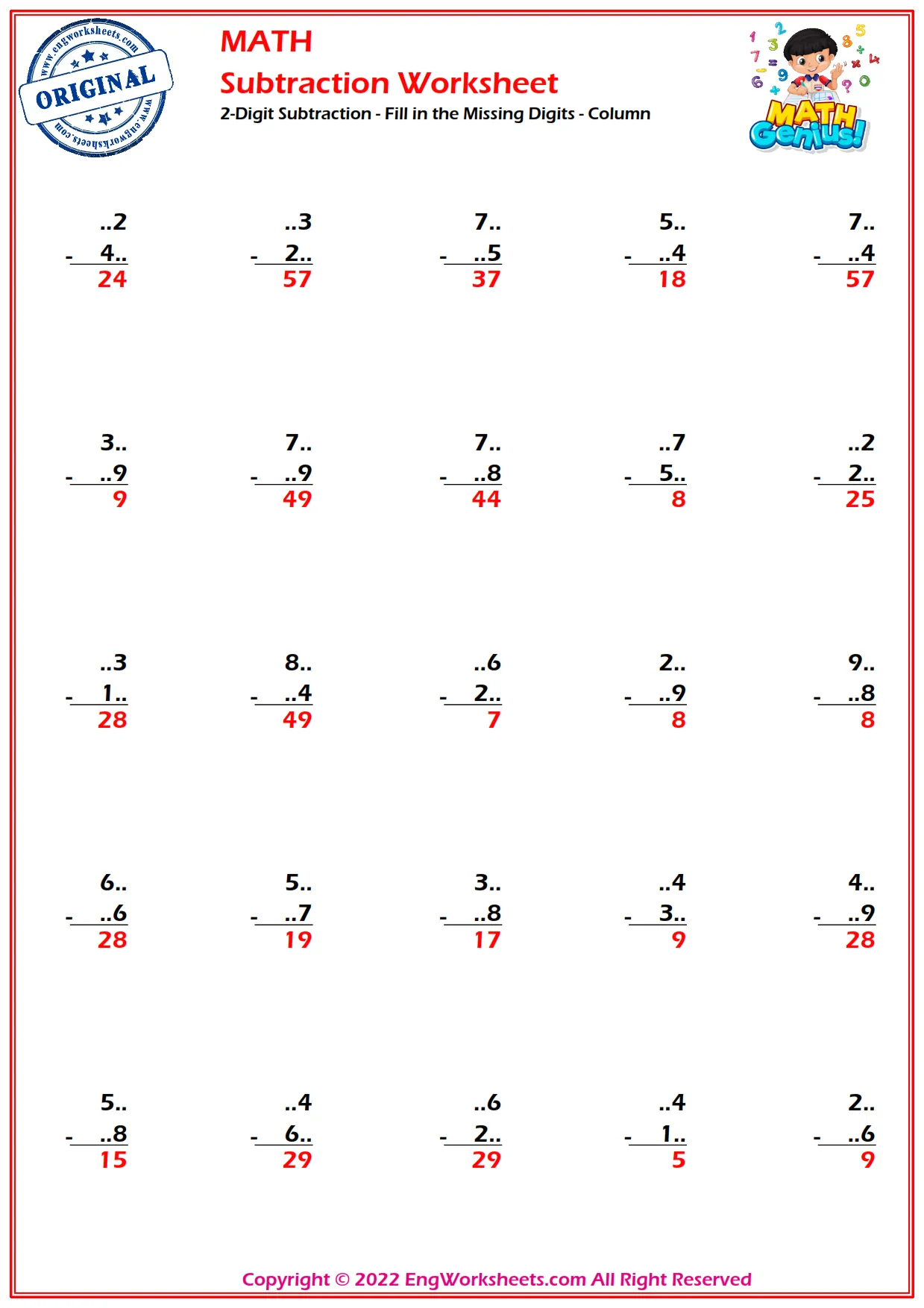 2-Digit Subtraction - Fill in the Missing Digits - Column